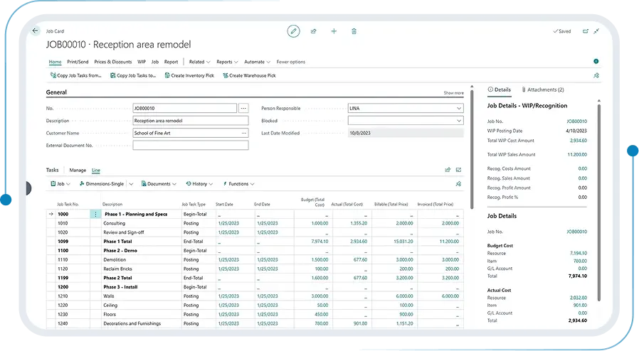 erp microsoft business central: Project and job costing
